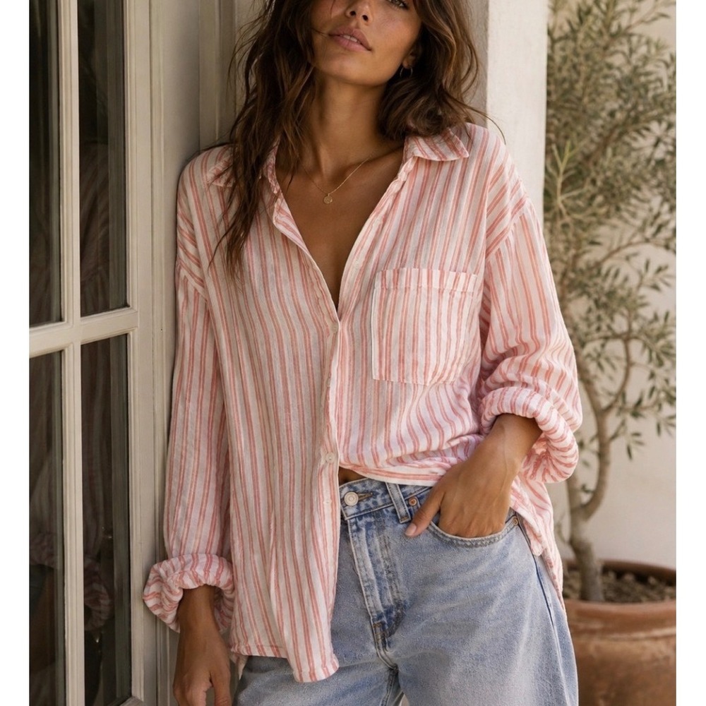 Universal Thread Women XXL Coral Pink White Striped Linen Blend Button Down Top